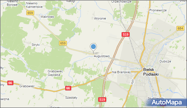 mapa Augustowo, Augustowo gmina Bielsk Podlaski na mapie Targeo